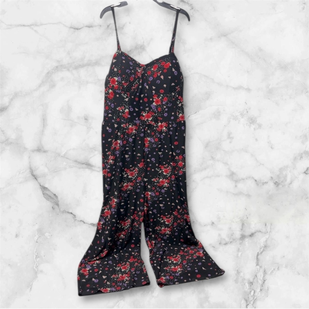 Floral Black red purple sleeveless smocked Romper wide leg stretchy